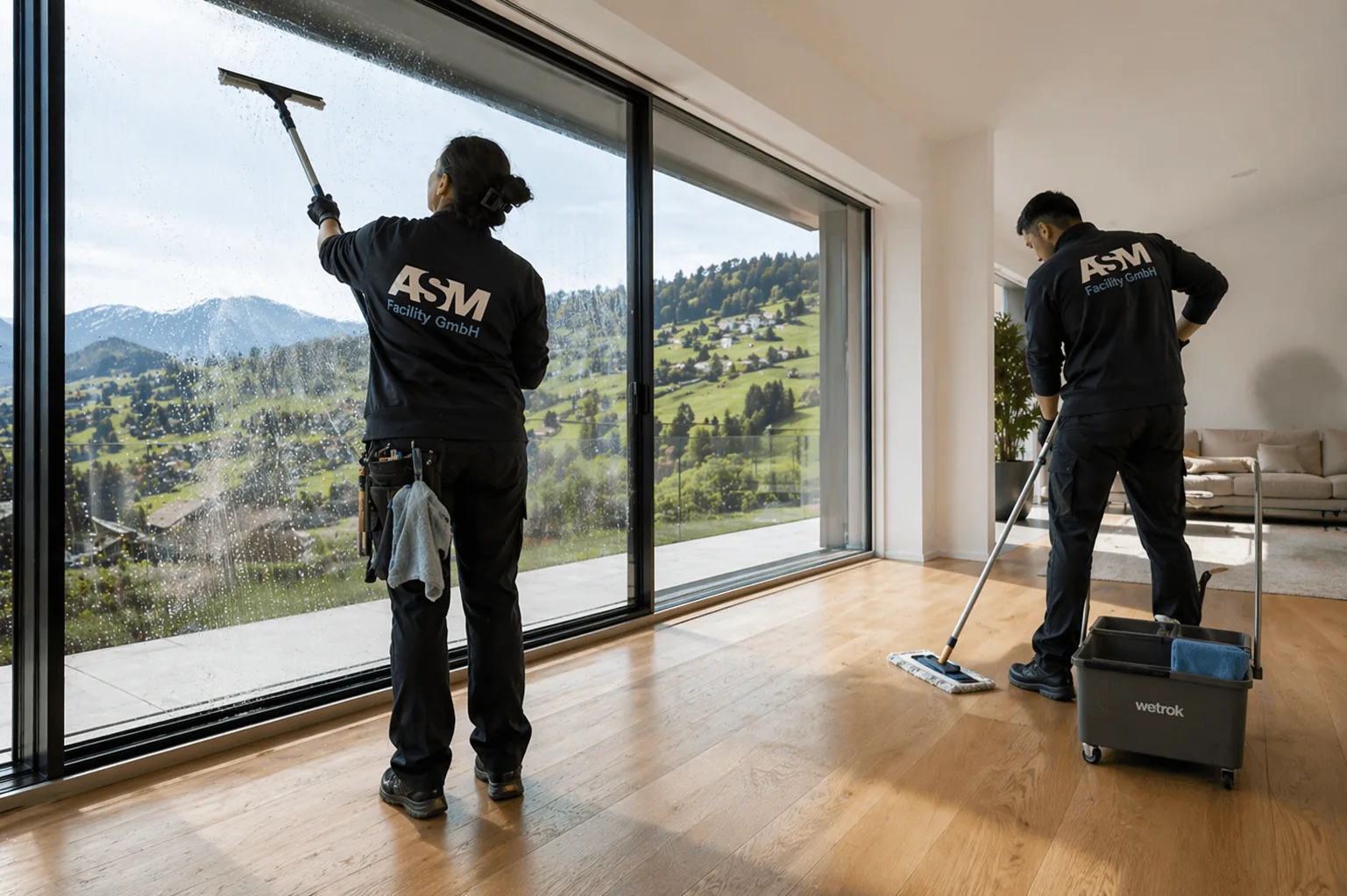 Zwei Mitarbeitende von ASM Facility bei der Fensterreinigung